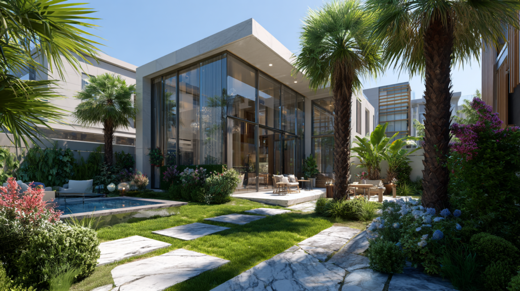 Warm outdoor lighting and lounge area by Dubai villa pool
