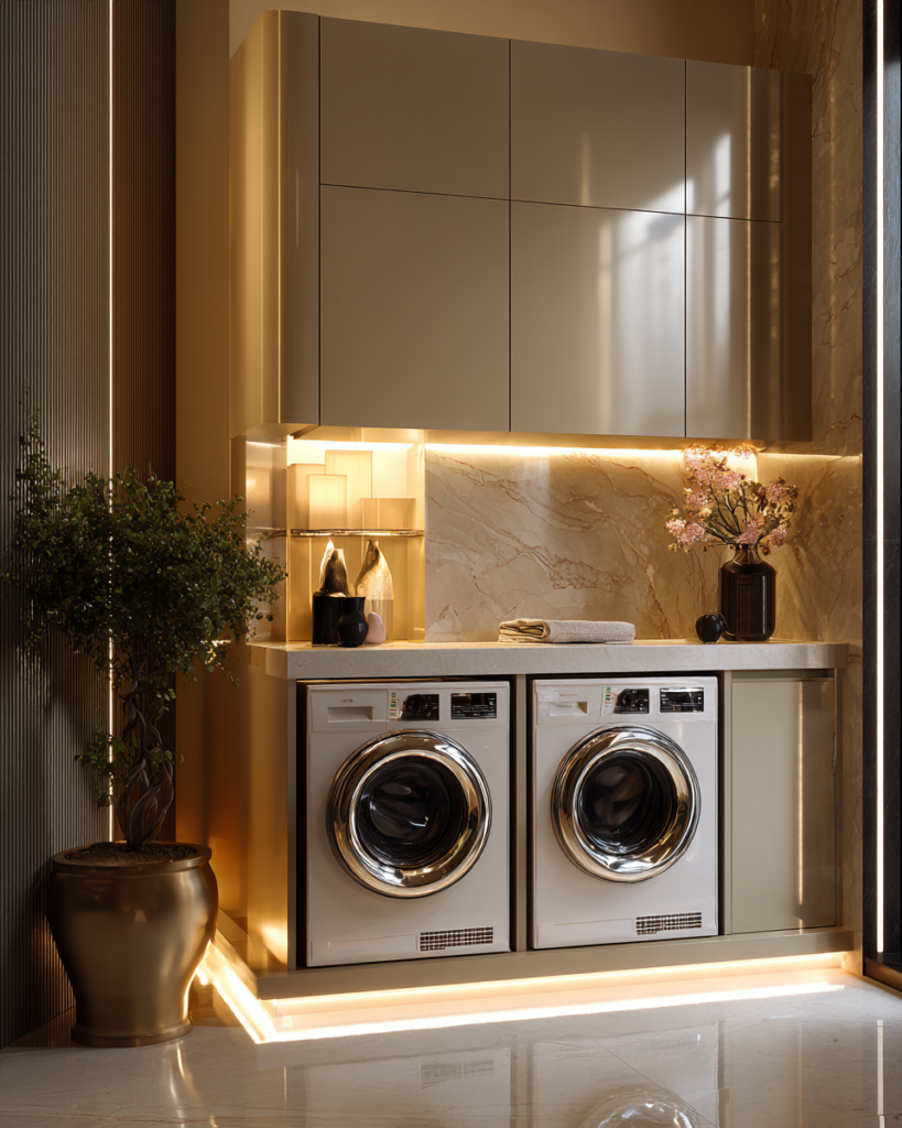 Small laundry room with patterned floor tiles and pendant lighting