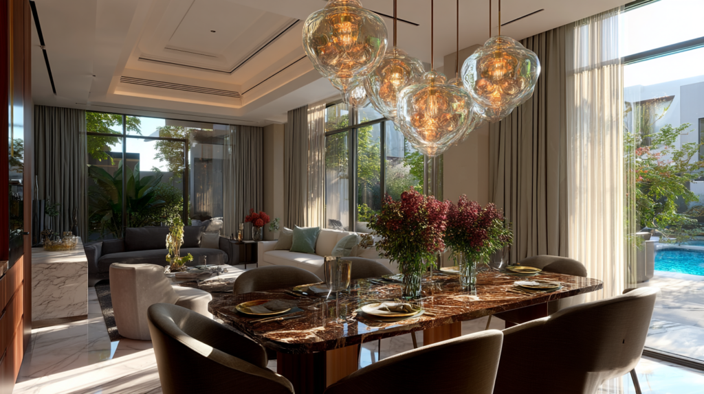 Warm layered lighting design for villa interior in Dubai