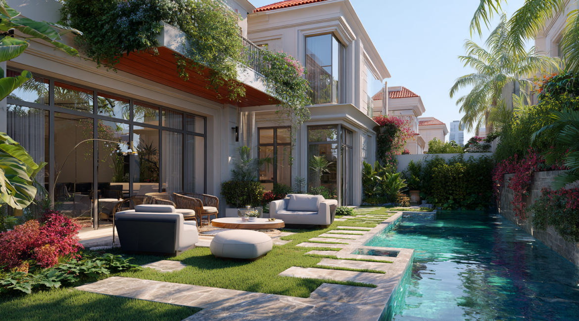 Resort-style pool landscaping design for Dubai villa backyard