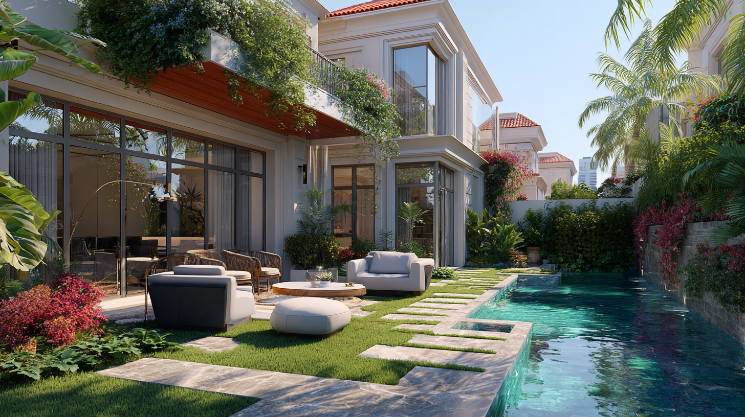 Resort-style pool landscaping design for Dubai villa backyard