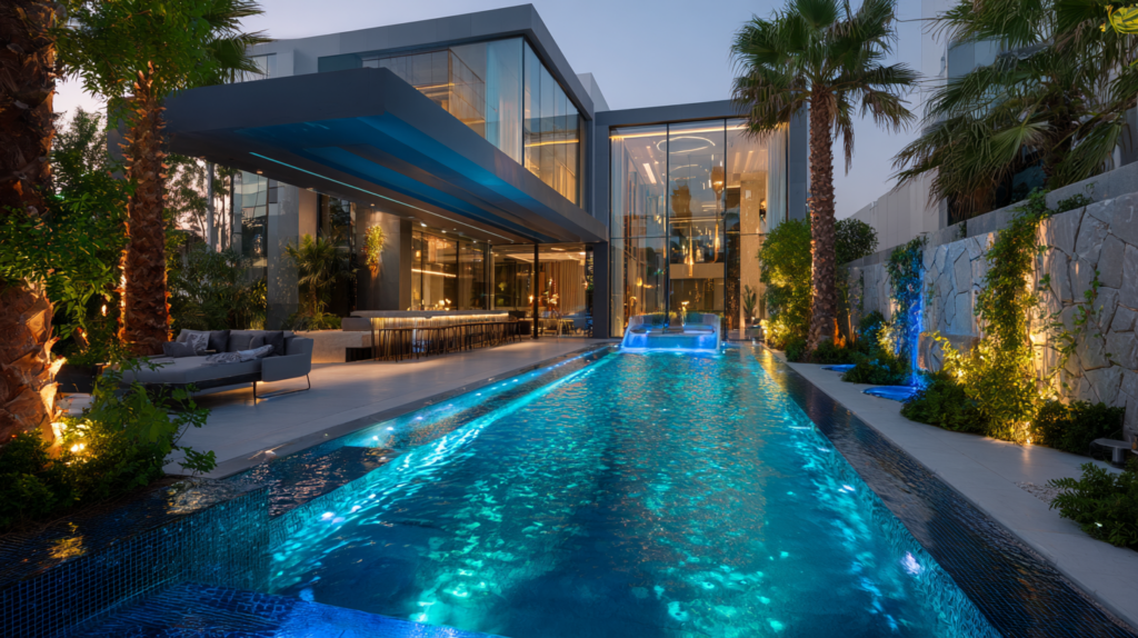 Villa pool with underwater lighting and outdoor kitchen setup