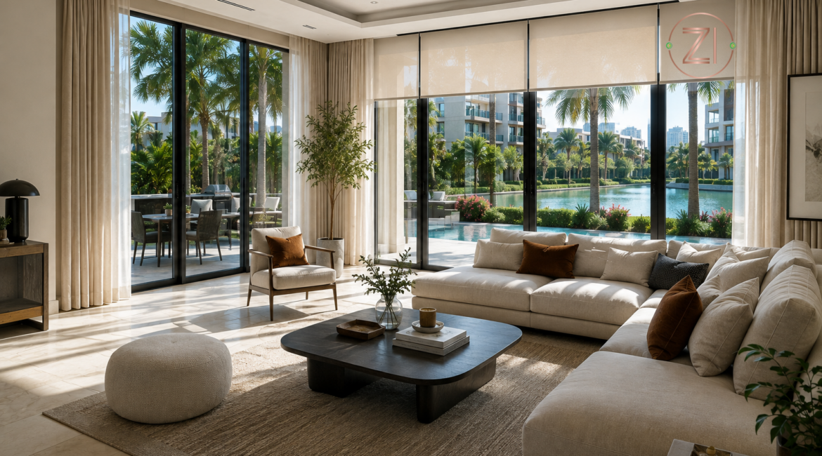 Automated motorised curtains and blinds in a modern Dubai villa living room