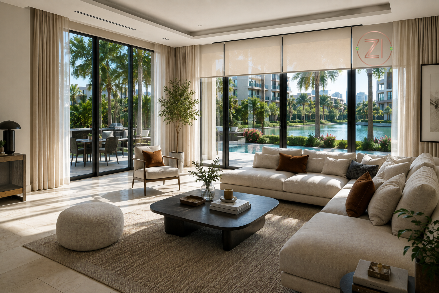 Automated motorised curtains and blinds in a modern Dubai villa living room