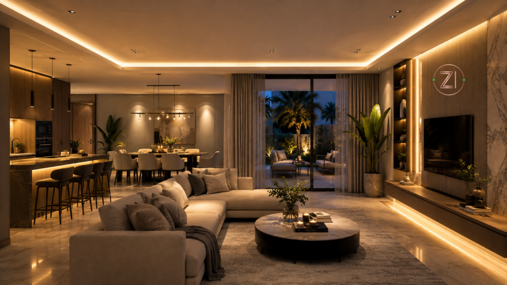 Layered smart lighting with ambient, task, and accent lights in a living room