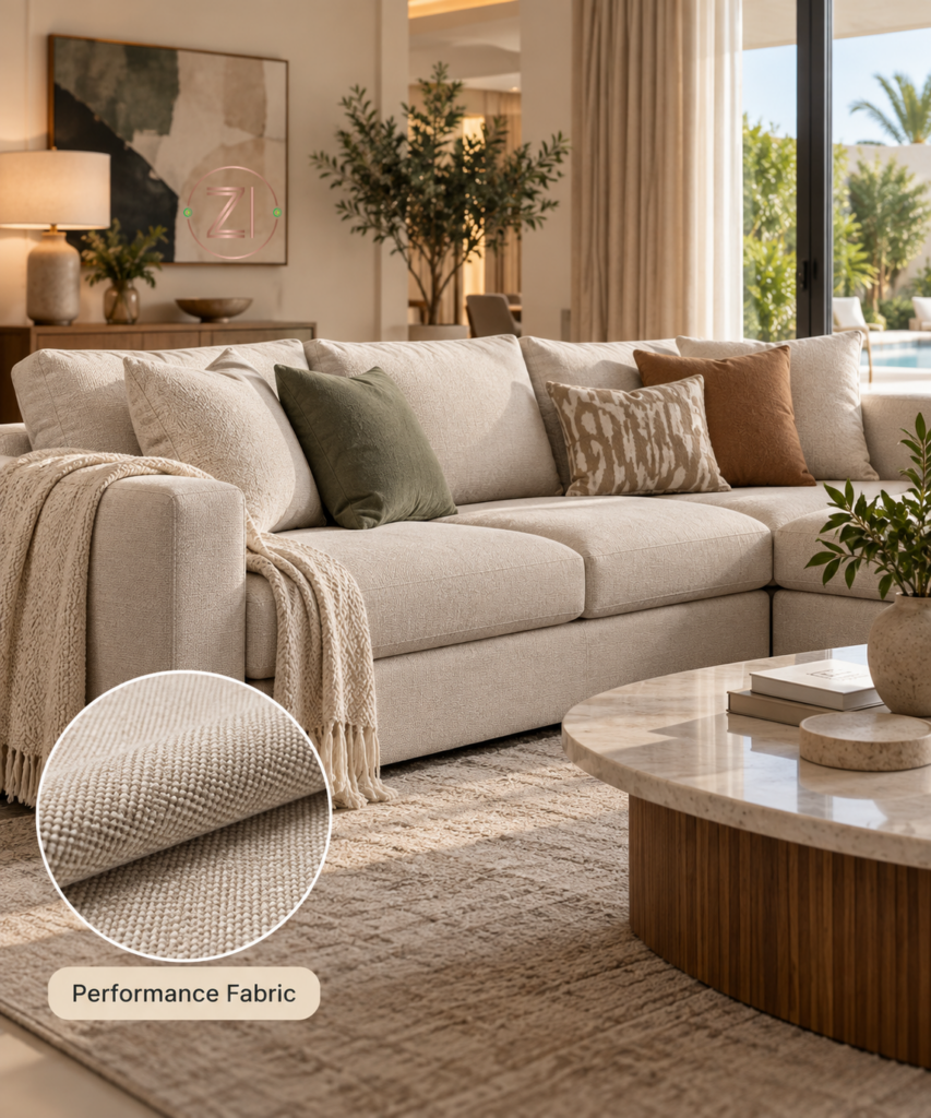 Close-up of moisture-resistant linen blend sofa fabric swatch