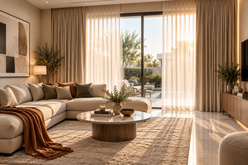 Sheer curtains in a bright living room designed by ZZI Interiors Dubai