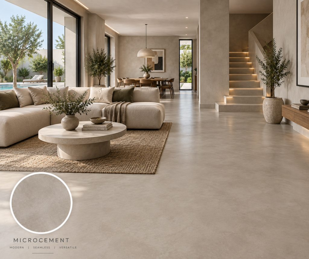 Mirocement tile flooring in a modern Dubai living room