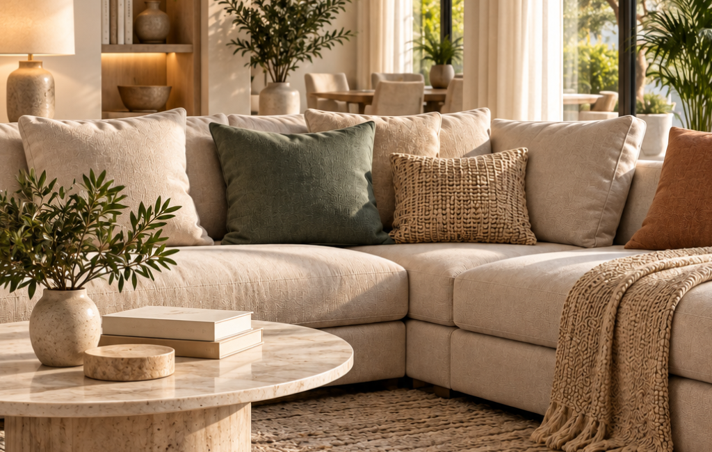 Living room sofa with performance fabric ideal for humid Dubai weather