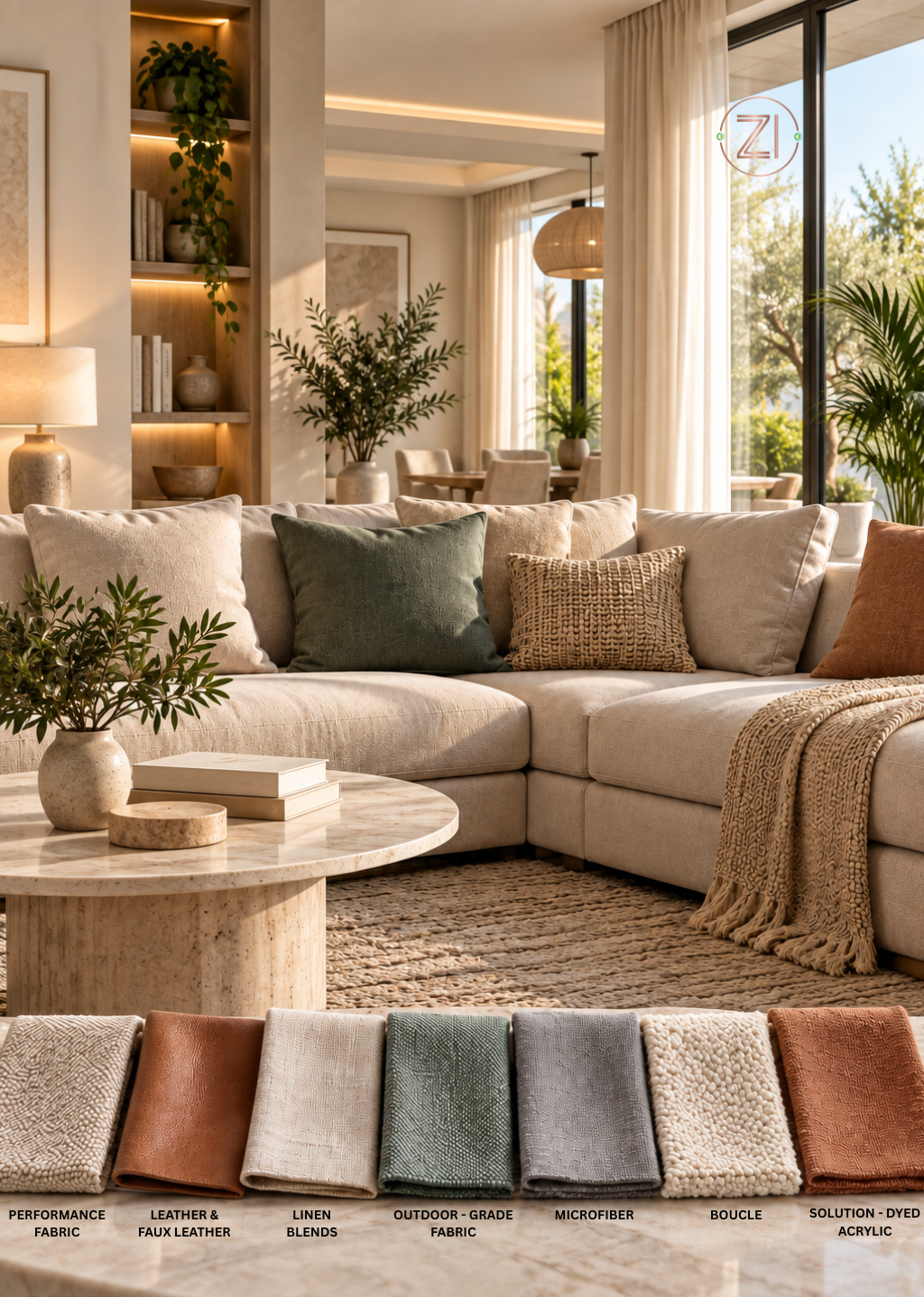 Living room sofa with performance fabric ideal for humid Dubai weather