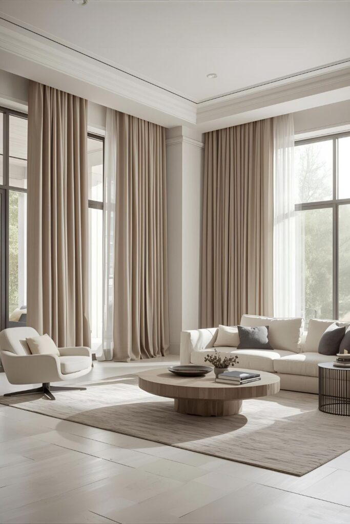 Layered sheer and solid curtains in a villa living room in Dubai
