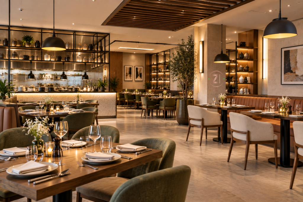 Warm lighting design for fine dining restaurant interior Dubai