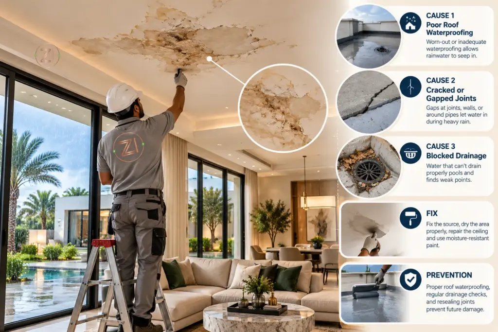 Technician repairing and repainting a water-damaged ceiling in a Dubai home